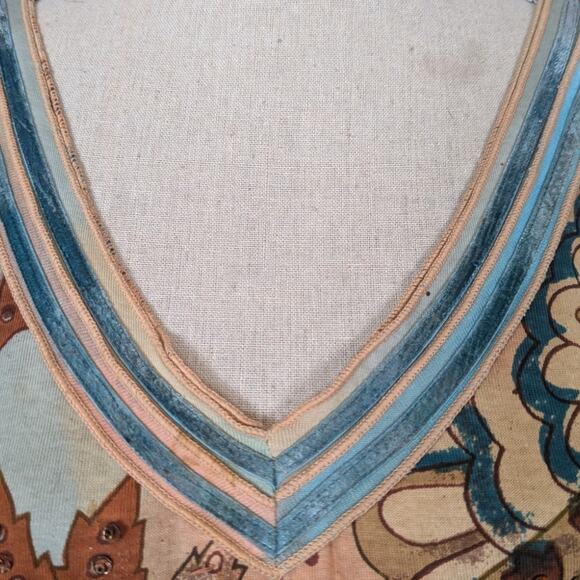 Y2K Forbidden 3/4 Sleeve V-Neck Velvet Trim Beaded Top Tan and Blue Size Medium - Picture 9 of 12